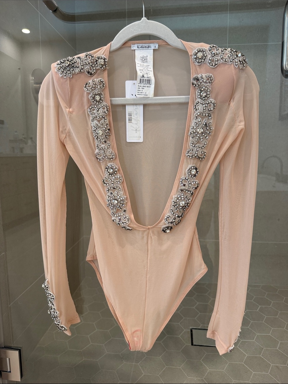 NWT Kiki Riki Embellished Deep V Long-Sleeve Bodysuit